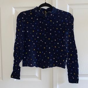 NWOT H&M Navy Blue Yellow and White Stars Button Down Cropped Shirt